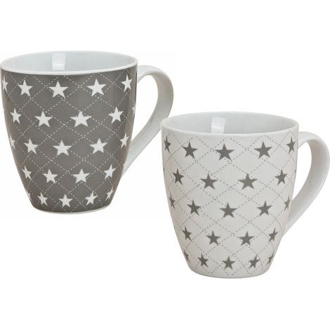 2x Porzellan Kaffeetasse groß 450ml - Jumbo Tasse Kaffee Becher mit Stern Design