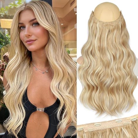 Extensions de cheveux invisibles à fil métallique, longues et ondulées, pour femmes, taille ajustable, 6 clips de sécurité, 50 cm, blond plage