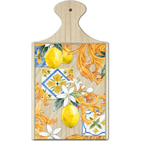 Lupia - Tagliere in Legno Decorativo con Vetro stampato a colori multiuso con manico 16x29 cm LIMONI E ACANTO (1/4)