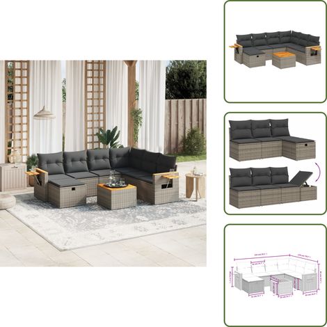 The Living Store Salon de jardin 8 pcs avec coussins gris résine tressée - Ensemble Salon De Jardin - Mobilier De Jardin - Résine Tressée - Rotin Synthétique - Chaise Longue (1/5)