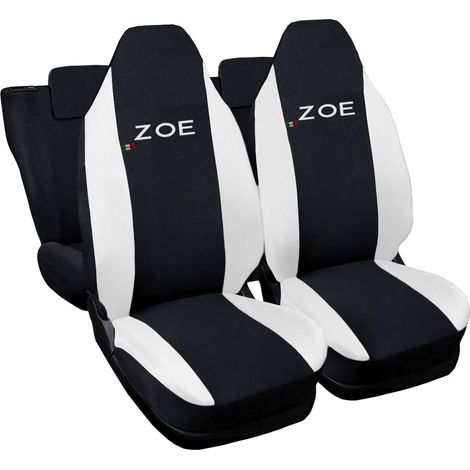 Lupex shop - Coprisedili Auto Compatibili per Zoe, Made In Italy, anteriori con copri poggiatesta incluso e posteriori, tessuto poliestere, Nero - Bianco (1/4)