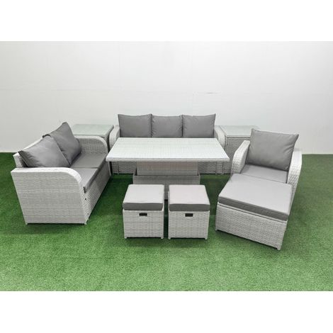 Fimous Patio PE Wicker 9 Seater Outdoor Rattan Furniture Sofa Sets with Adjustable Lifting Dining or Coffee Table Reclining Chair Loveseat Sofa 3 Seater Sofa Stool 2 Side Table Light Grey (1/5)