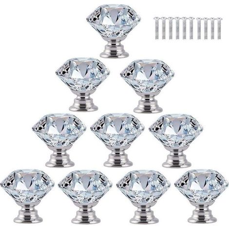 Online Store - 10 pcs Poignée Bouton de Porte Placard Meuble Tiroir Armoire, 30mm Diamant de Verre Cristal avec Vis - Transparent (1/5)