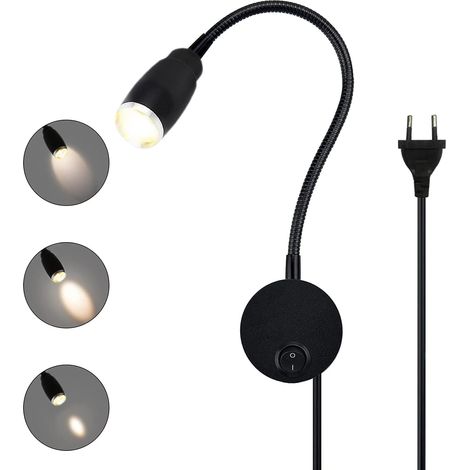 Leselampe Bett Wandmontage Einstellbarer Fokus Flexible Schwanenhals Wandleuchte LED Wand Leseleuchte mit Stecker und Schalter, 3W Bettleuchte aus Aluminium für Schlafzimmer, Bett, 3000K (Schwarz) (1/5)