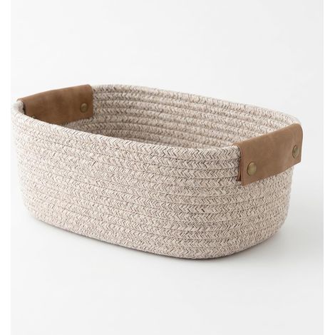 Panier de Rangement Petit (28x22x11cm) - Panier tressé lavable en coton avec poignées en cuir amovibles - Organisateur Boho indéformable pour salle de bain, commode & chambre, Marron (1/5)