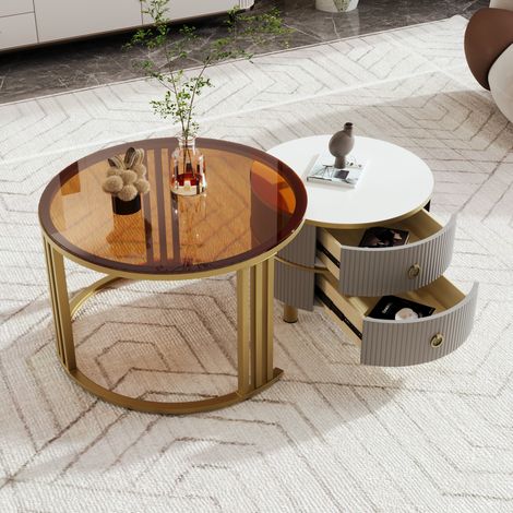 2-in-1 round MDF grey coffee table and 1 side table with brown tempered glass tabletop, 707045 + 505040 cm (1/5)