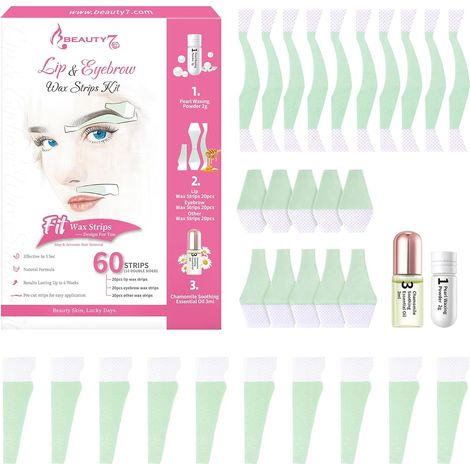 Bandes de Cire Froide Visage Dépilatoire Sourcils Lèvre, 60 bandes Avec Poudre de Perle 2g, Huiles Essentielles Apaisantes 3g,Pour Tous Les Types de Peau, Épilation Rapide (1/5)