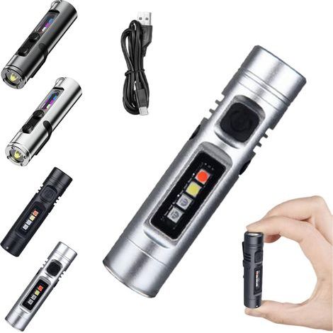 Lampe torche EDC rechargeable et portable - Mini lampe porte-clés avec allume-feu - Base magnétique - Idéale pour le camping et la randonnée - Argentée (1/5)