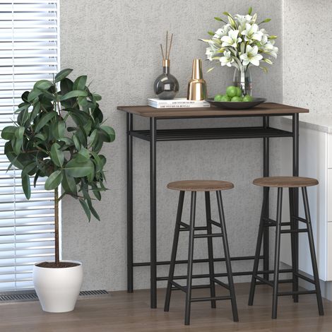 Bartisch-Set im Industrial-Design + 2 Hocker, MDF mit Walnussholz-Finish und schwarzem Metallgestell
