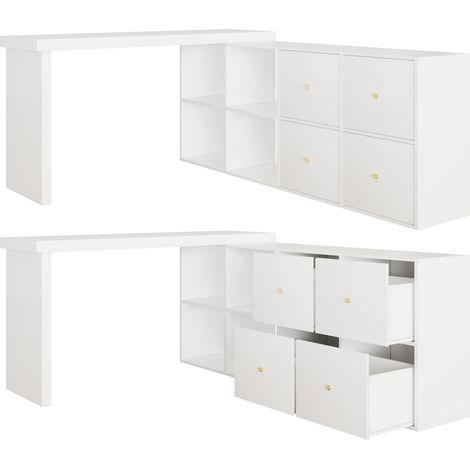 Scrivania angolare girevole a 360° in MDF bianco con 4 scomparti e 4 cassetti HOMVRA (1/5)
