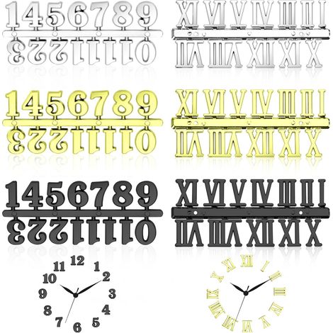 6 Kits Chiffres Horloge, Plastique Noir Or Argent, Arabe Romain, Réparation DIY Murale
