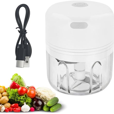 Elektrischer Zerkleinerer 250 ml, wiederaufladbarer USB-Zerkleinerer, tragbarer Mini-Gemüseschneider mit 3 Edelstahlklingen für Zwiebeln, Knoblauch, Fleisch, Gemüse und Obst (weiß) (1/5)