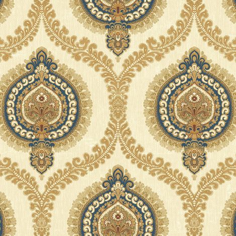 Wallquest Sunhani Navy Gold Wallpaper Classic Traditional Acrylic Coated Paper (1/4)