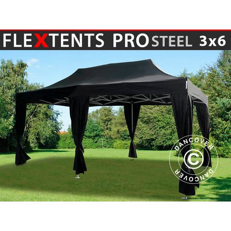 Pop up gazebo FleXtents PRO Steel 3x6 m Black, incl. 6 decorative curtains