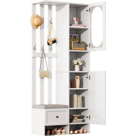 Garderobenschrank mit 2 Schränken, 6 Haken, Schuhbank mit Polster, Türen aus Hartglas, Weiß, 85×33,5×200 cm (1/5)