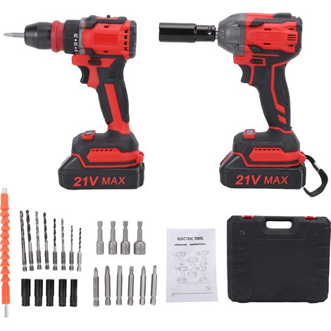 21V Cordless Drill Electric Wrench 2in1 Power Tools 30N.m Torque Support Φ10mm Drilling and 380N.M for Wrench 3200r/min Impact Frequency 2 Batteries LED Work Light EU Plug