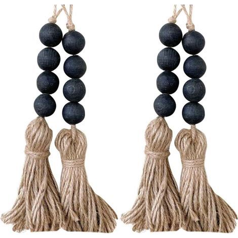 Lote de 4 guirnaldas de cuentas de madera para colgar, pompones, cuerdas, decoración de interiores, cuentas de oración, decoración colgante, negro (1/5)