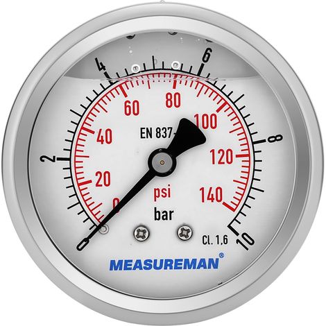 Manomètre, Manomètre Glycérine 2,5 pouces, 0-10 bar, boîtier en acier inoxydable 304, raccord arrière 1/4" BSP (1/4)