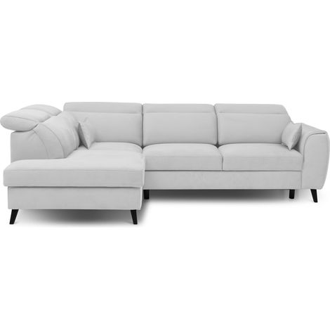 Canapé d’angle convertible NOBLESSE en tissu avec coffre et pieds en bois noir – 265cm angle gauche-Blanc-angle gauche (1/5)