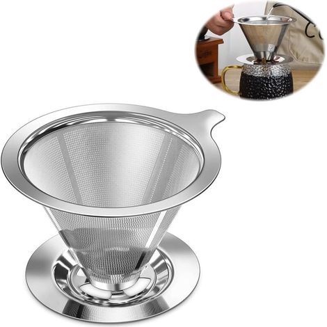 Permanent Coffee Filter with Base, Reusable Stainless Steel Coffee Filter, Conical Coffee Filter Holder with Double Mesh, No Paper Coffee Filters, Ideal for Filtering Coffee, Silver Filter (1/5)