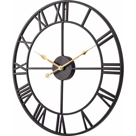 Vintage-Wanduhr, geräuschlos, 50 cm – Schwarz-goldenes Metall – Dekorative römische Ziffern – Rostfrei und langlebig (1/5)