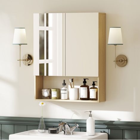 Badezimmerschrank 60x16.6x75 cm Eiche Holz und Glas mit Spiegeltüren offenem Regal und Wandmontage (1/4)