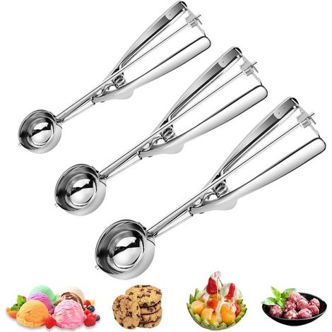 Set de 3 cuillères à glace – Acier inoxydable – Petite, moyenne, grande – Mécanisme à pincer – Pâtisserie (1/5)
