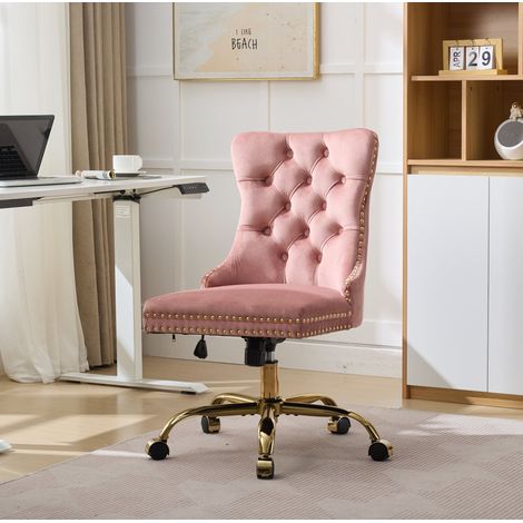 Poltrona da ufficio imbottita rosa, rivestimento in velluto, struttura a tripla elastica, base in metallo dorato, ruote girevoli 360° (1/5)