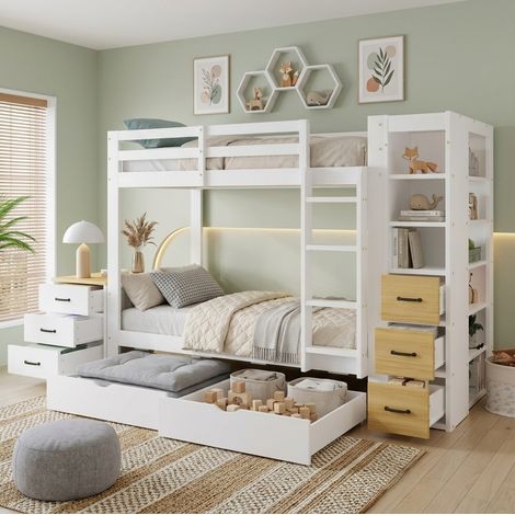 Letto a castello 239x102.5x150 cm con 2 cassetti, libreria laterale, comodino separato, legno massello MDF bianco naturale (1/5)