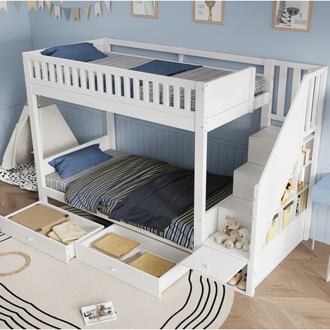 Lit superposé enfant 90x200 cm en bois blanc, 2 couchages avec escalier de rangement, 2 tiroirs sous le lit et barrières de sécurité, pour chambre d’enfants – CHICFURN (1/5)