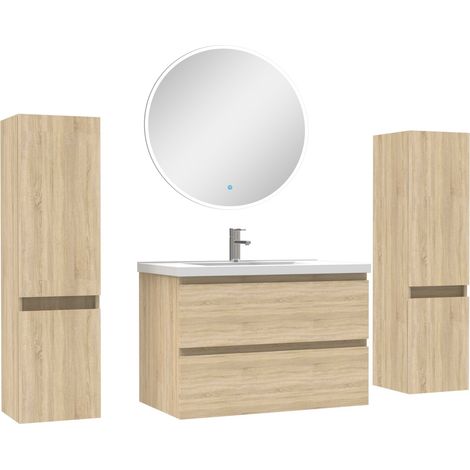 Ensemble meubles Salle de Bain avec colonne + miroir rond mural 80cm meuble Chêne Wotan
