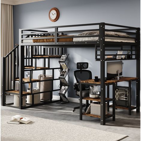 Lit mezzanine 120x200 cm avec bureau et étagère, escalier avec rampes, noir HAVRYA (1/5)
