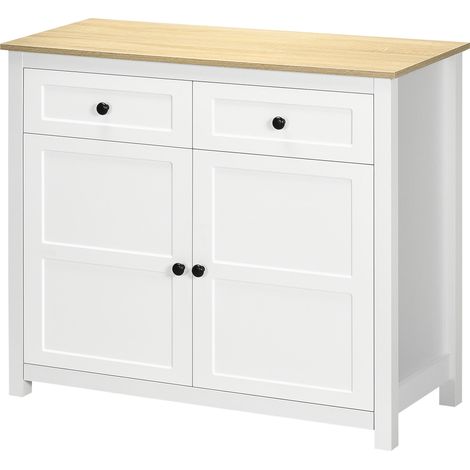 Commode de rangement 2 portes, étagère réglable en hauteur, 2 tiroirs, 100x40x85 cm, blanc et effet bois (1/5)