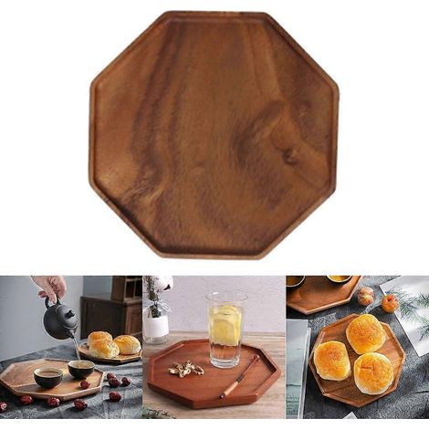 Plateau de service octogonal pratique en bois, plat à dîner, vaisselle d'extérieur (1/4)