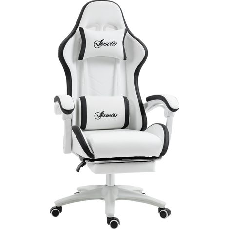 Verstellbarer Gaming-Stuhl mit Kopf- und Fußstütze, höhenverstellbar von 121 bis 129 cm, Design in Weiß und Schwarz