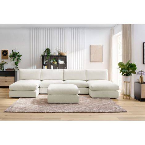 BOBOCHIC - Canapé panoramique fixe 100% modulable PARIS tissu bouclette avec 2 chauffeuses, 2 méridiennes, 1 pouf Panoramique Blanc (1/5)