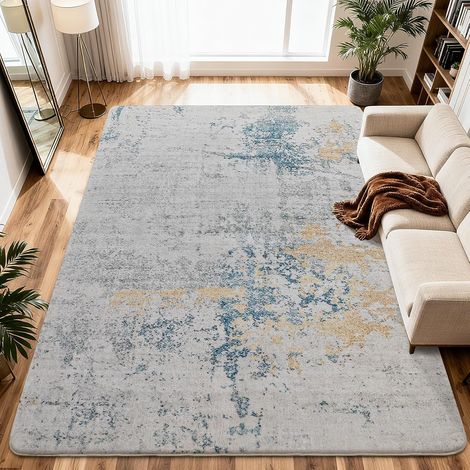 Tapis Moderne Abstrait pour Salon Chambre à Coucher Salle à Manger Tapis de Sol Doux antidérapant (Abstrait Gris/Bleu/Or/Multi, 200 x 300 cm) (1/5)