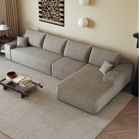 Sofá de esquina modular con chaise longue en L sin montaje tejido acanalado camel HAVRYA (1/5)