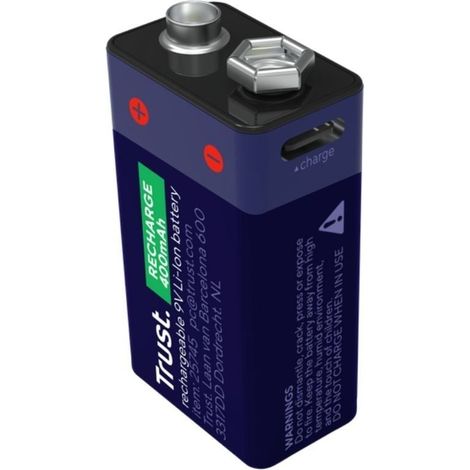 Trust Pila 9V Recargable USB-C, Puerto USB-C Integrado, No Necesita Cargador de Batería, Capacidad de 4,44 WH, Carga con Cable USB/Cargador de Teléfono, Bateria 9V para Detector de Humo