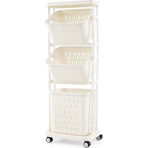 Goplus – Panier à linge 3 niveaux avec 4 roulettes – 2 petits paniers et 1 grand panier – Dimensions 40x30x112cm – Structure en métal et plastique PP
