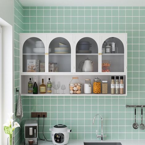 Meuble haut mural 120 cm, elément haut de cuisine, avec 4 portes en verre, buffet suspendu style industriel, blanc (1/5)