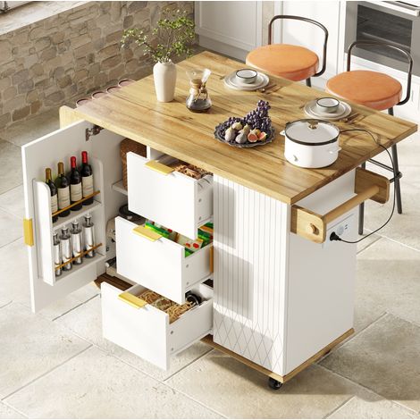 Küchenwagen mit ausklappbarer Arbeitsplatte & Stromanschluss, mobiler Kücheninselschrank mit Rollen, Weiß-Holzoptik, belastbar bis 70kg (1/5)