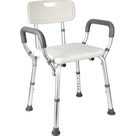 Chaise de douche siège de douche ergonomique hauteur réglable pieds antidérapants dossier accoudoirs amovibles charge max. 136 Kg alu HDPE blanc (1/5)