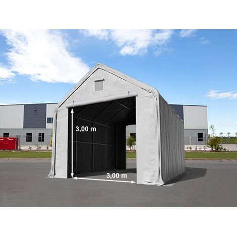Zelthalle 4x8 m mit 3x3 m Tor, PRIMEtex 2300 PVC Plane, feuersicher grau  mit Statik (Betonuntergrund)