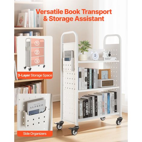 Chariot à livres roulant bibliothèque, charge 150 kg, 77 x 38 x 122 cm, étagères en L 1 face, roues 76.2 mm freinables, acier, blanc, maison bureau école (1/5)