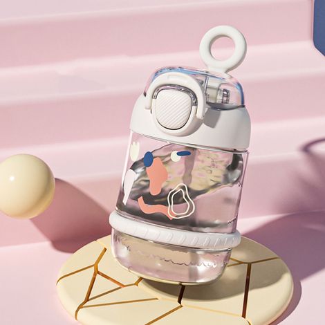 Gourde enfant 450 ml en plastique anti-fuite et anti-chute, portable, avec paille, idéale pour la maison, l'école et les voyages (blanche). (1/5)