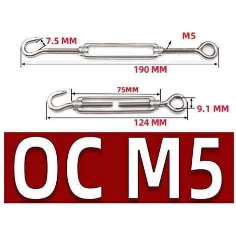 M5 Tendeur Cable Acier Inoxydable, Lot de 6 Tendeur de Fil Crochet et œillet Réglable Heavy Duty Tension Hook & Eye pour Corde Cable Fil à Linge(Type OC) (1/5)