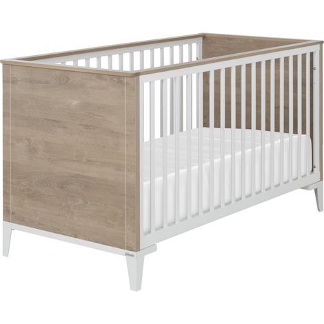 Les Tendances – Lit bébé 70 x 140 cm en chêne blond et blanc – Sommier réglable en hêtre massif – Transformable en lit enfant (1/4)