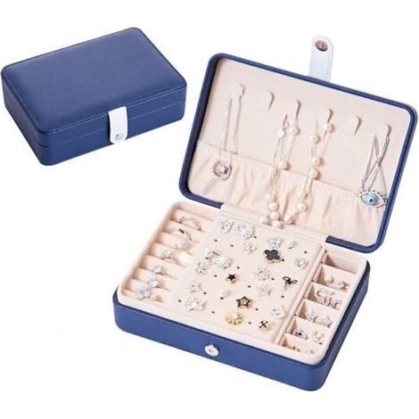 Boîte à bijoux, rangement de bijoux à deux niveaux, portable pour ranger vos bagues, boucles d'oreilles, colliers (bleu marine) (1/5)