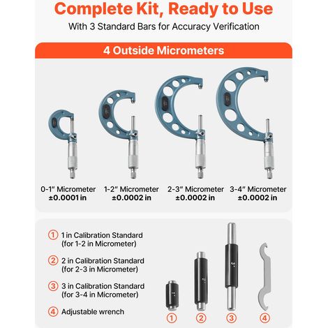 Micromètre Extérieur 0-1 pouce 1-2 pouces 2-3 pouces 3-4 pouces Micromètre de Précision 0,0001 pouce 0,0002 pouce pour Machiniste T… (1/5)